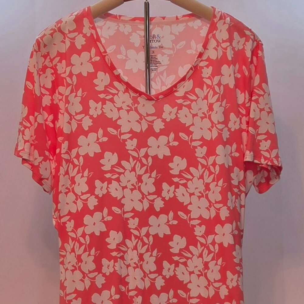 Croft & Barrow Coral w/White Floral Short Sleeve Tee, 2X, 100% Cotton